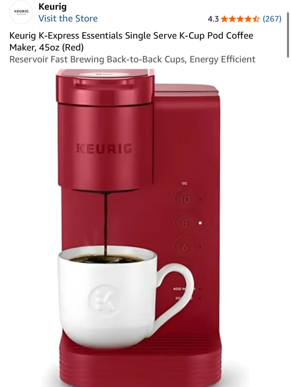 Keurig K-Express Essentials Single Serve K-Cup Pod Coffee Maker, 45oz (Red)